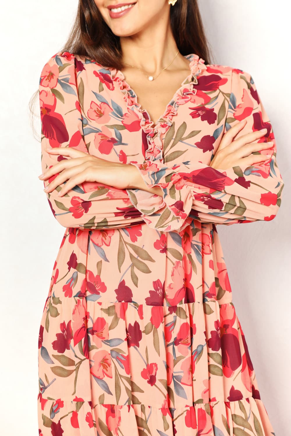 Blossoming Allure: Floral Maxi Dress with Plunging Neckline and Frill Trim