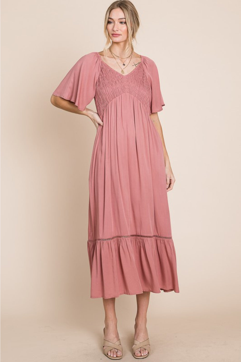 Casual V-neck Pocket Midi Pink Dress