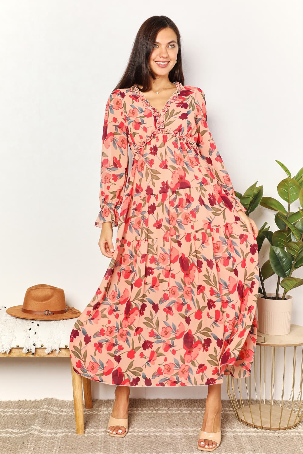 Blossoming Allure: Floral Maxi Dress with Plunging Neckline and Frill Trim