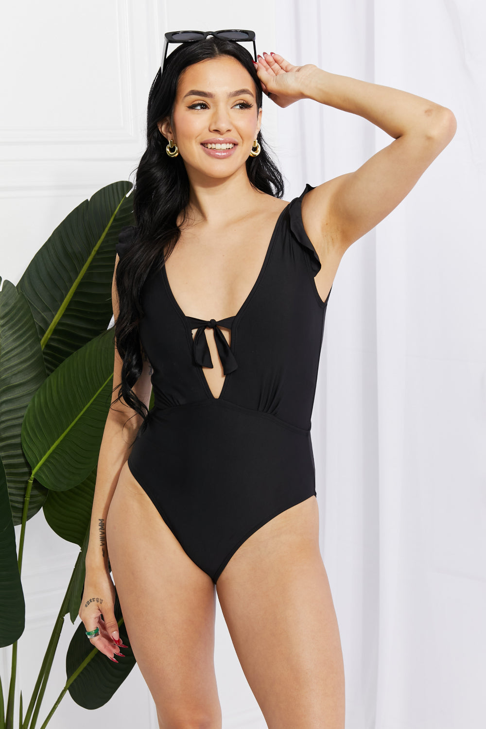 Flirty Backless Ruffle Sleeve One-Piece with Plunging Neckline and Bust Tie