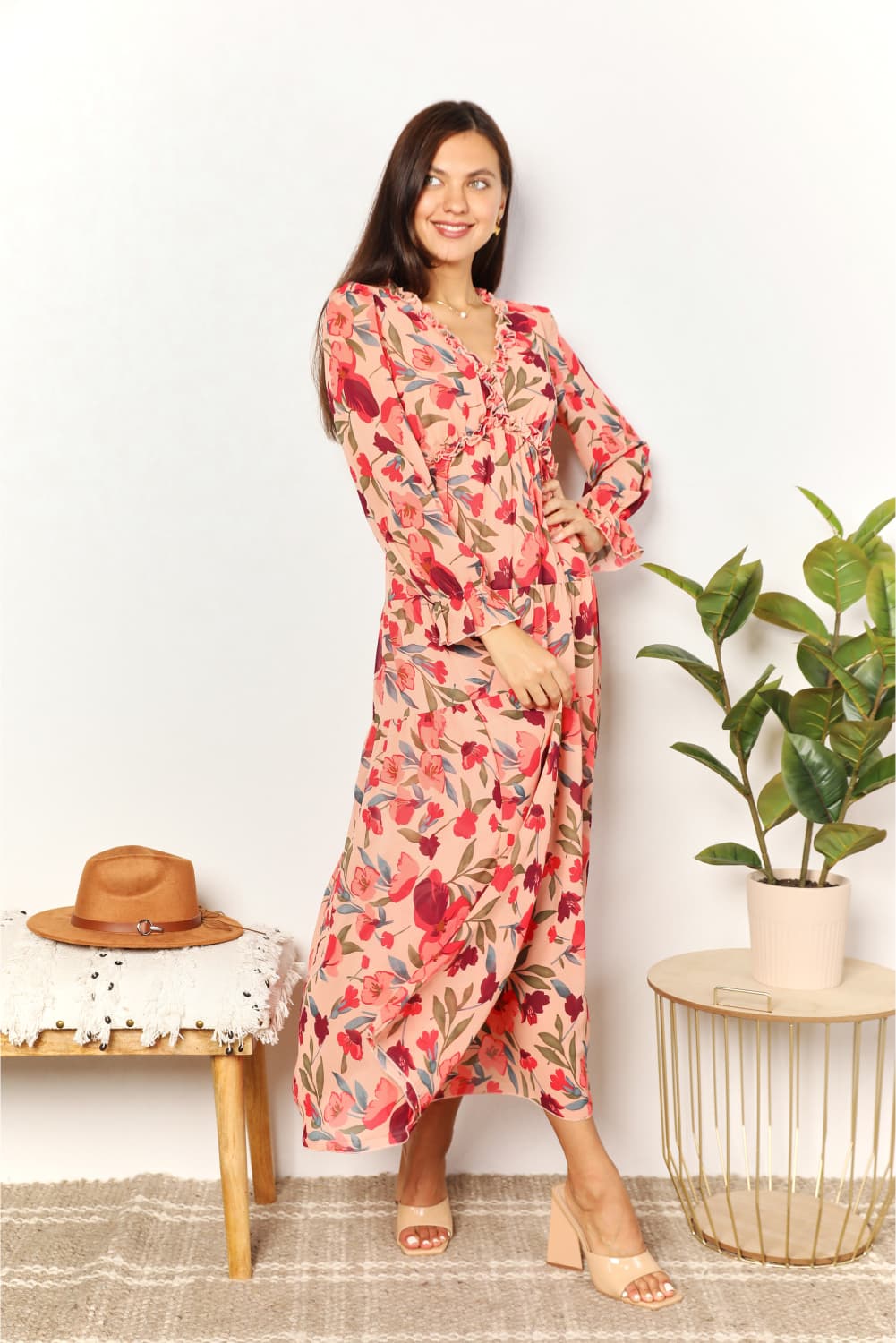 Blossoming Allure: Floral Maxi Dress with Plunging Neckline and Frill Trim