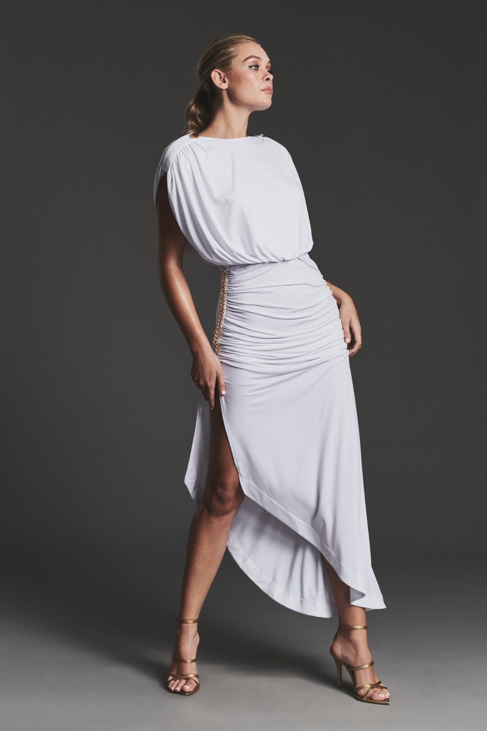 Cap-Sleeve V-Back Chain Detail Asymmetrical Dress - WESTHUNDRED