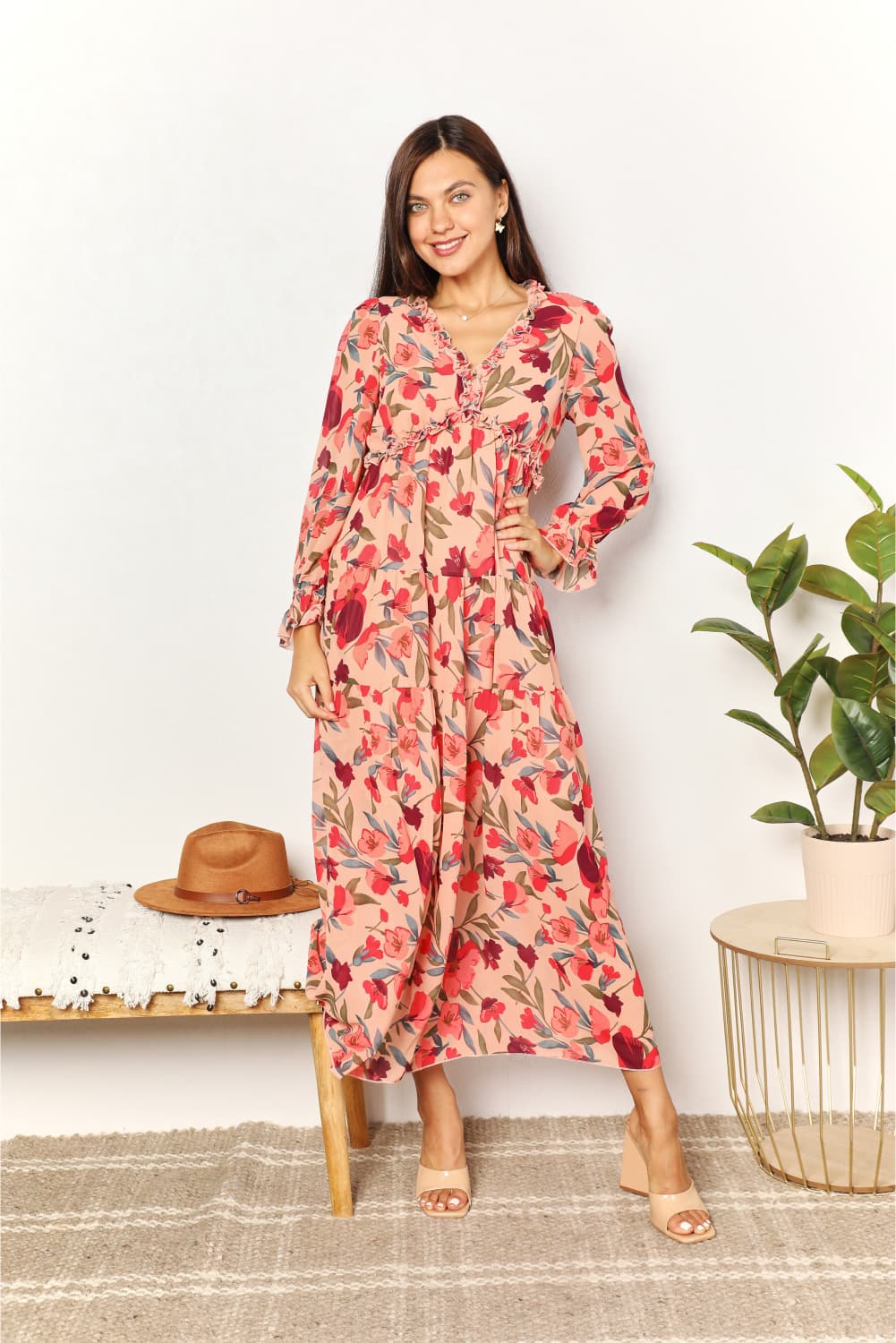 Blossoming Allure: Floral Maxi Dress with Plunging Neckline and Frill Trim