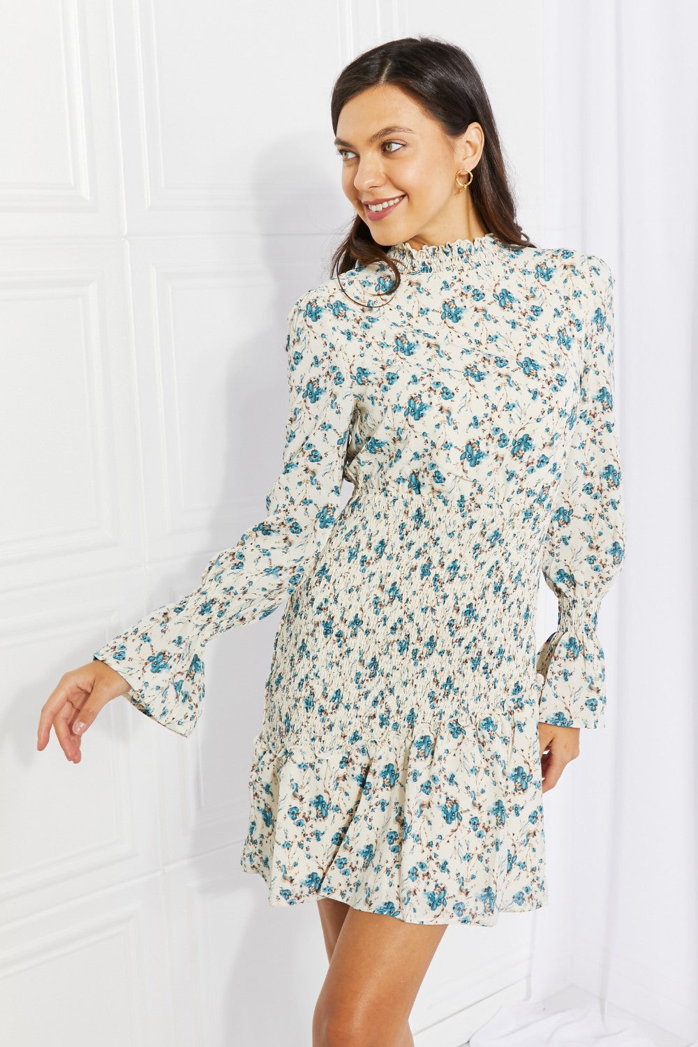 Flirty Floral Smocked Mini Dress with Flounced Sleeves