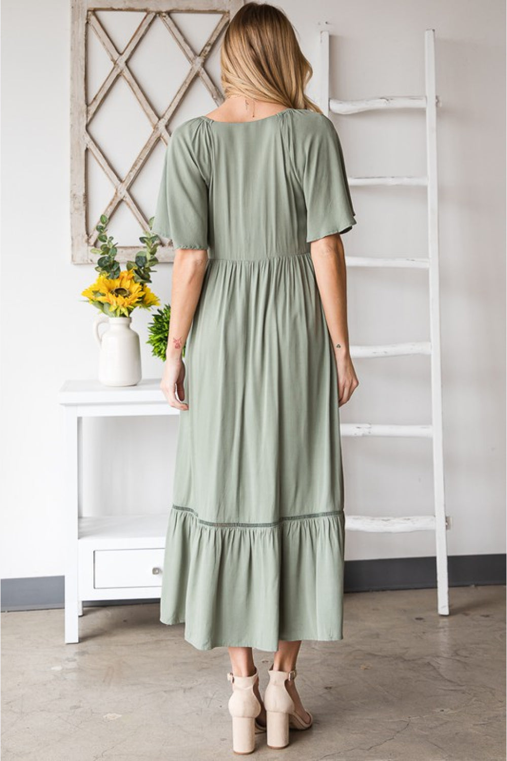 Casual V-neck Pocket Midi Sage Dress