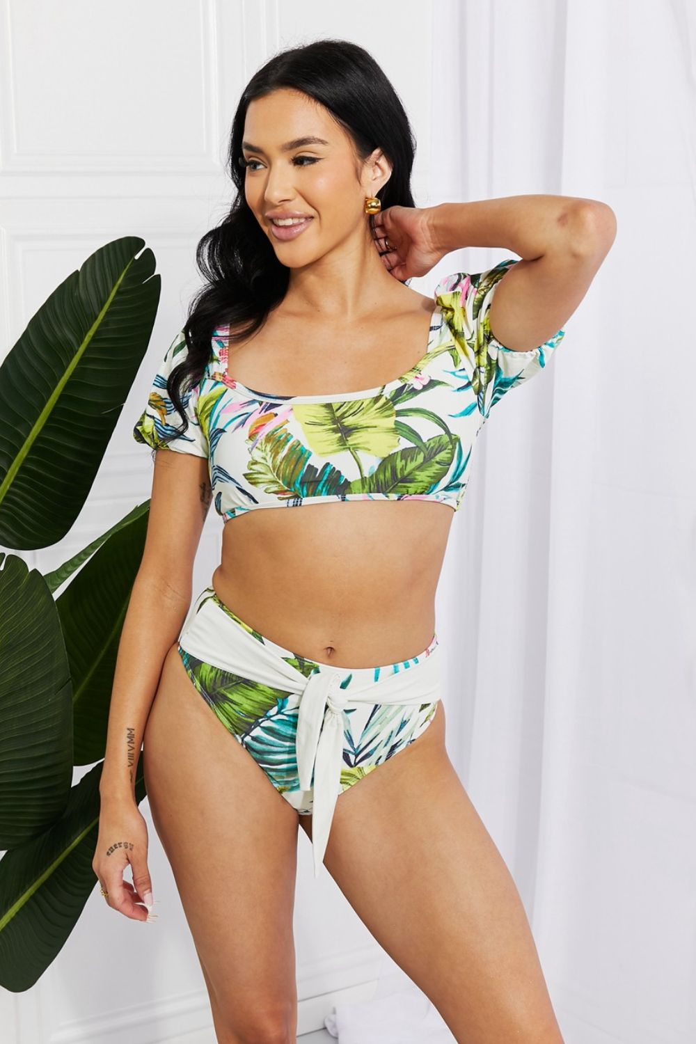 Tropical Puff Sleeve Detailed Bikini