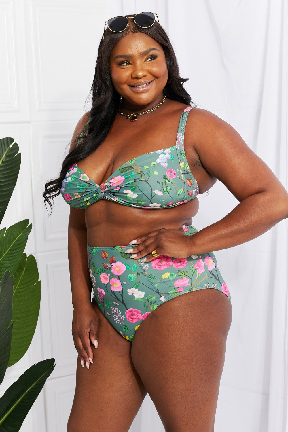 Flirty Floral Twist-Front Bikini with High-Rise Bottoms