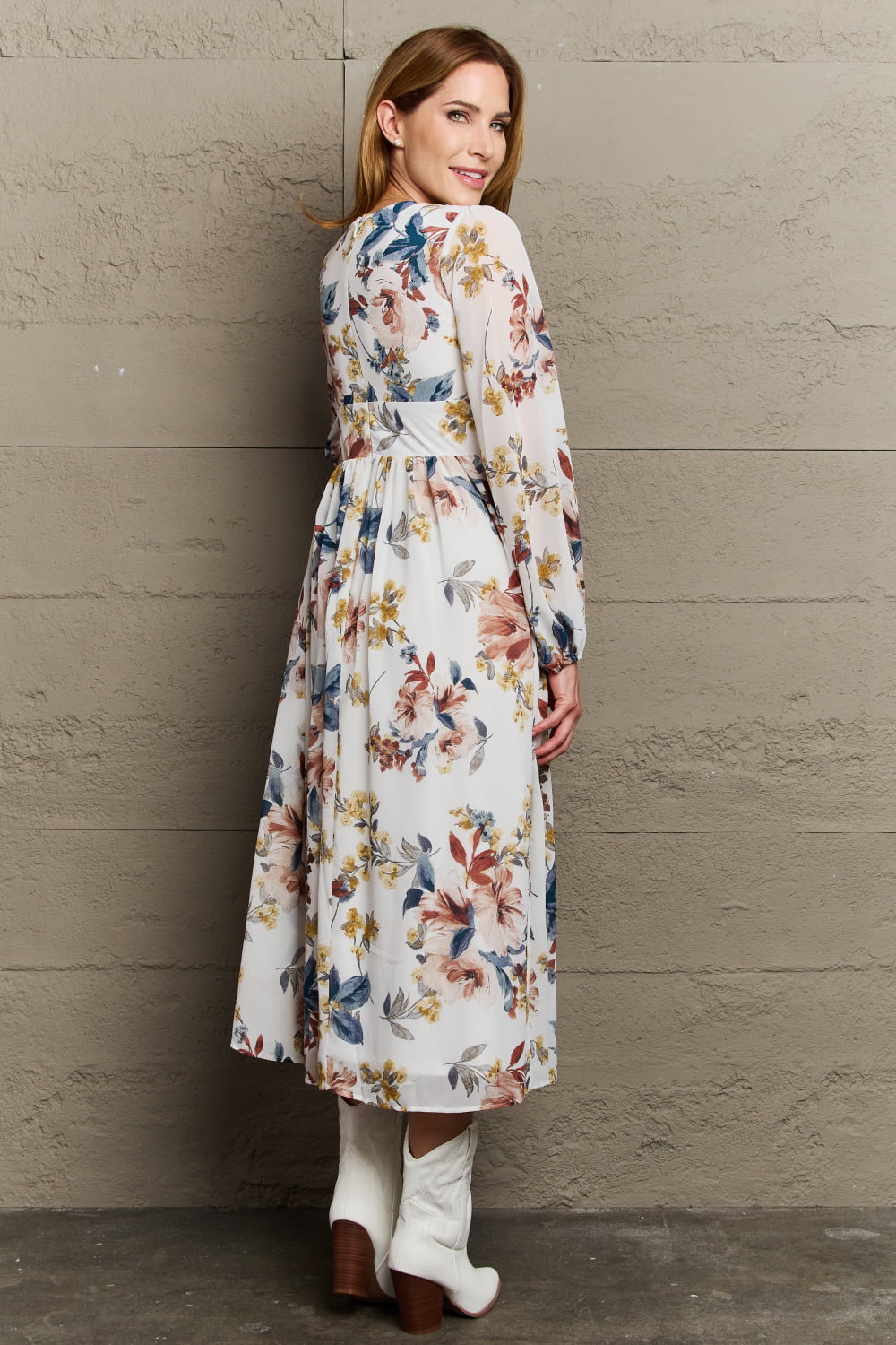 Blooms of Grace: Chiffon Floral Midi Dress with Timeless Elegance