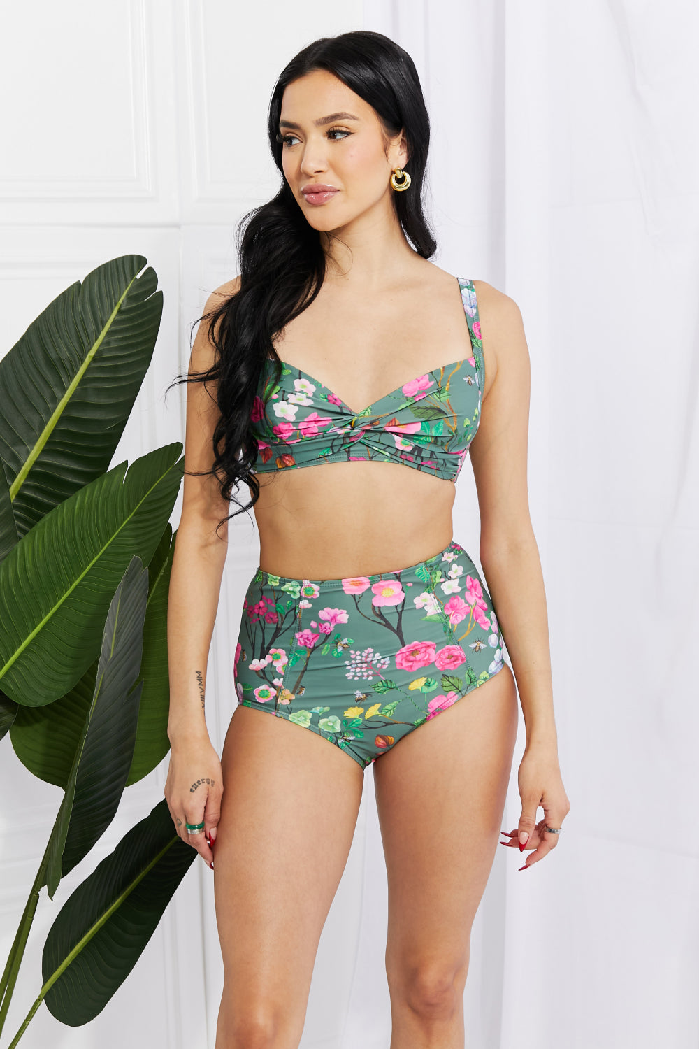 Flirty Floral Twist-Front Bikini with High-Rise Bottoms