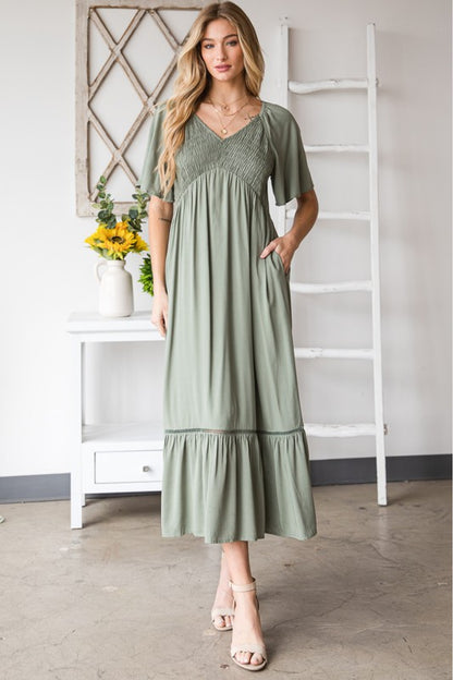Casual V-neck Pocket Midi Sage Dress