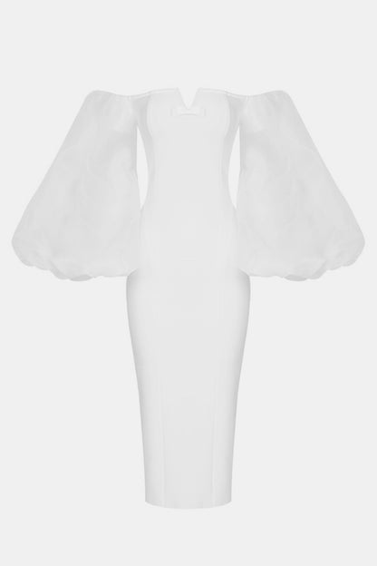 Off-Shoulder Oversized Balloon Sleeve Back Slit Dress - WESTHUNDRED