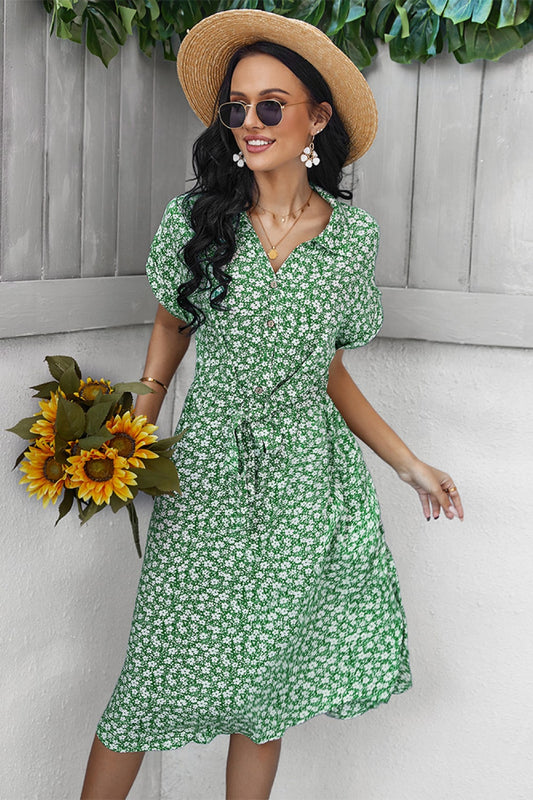 Ditsy Floral Tie-Waist Half Button Dress - WESTHUNDRED