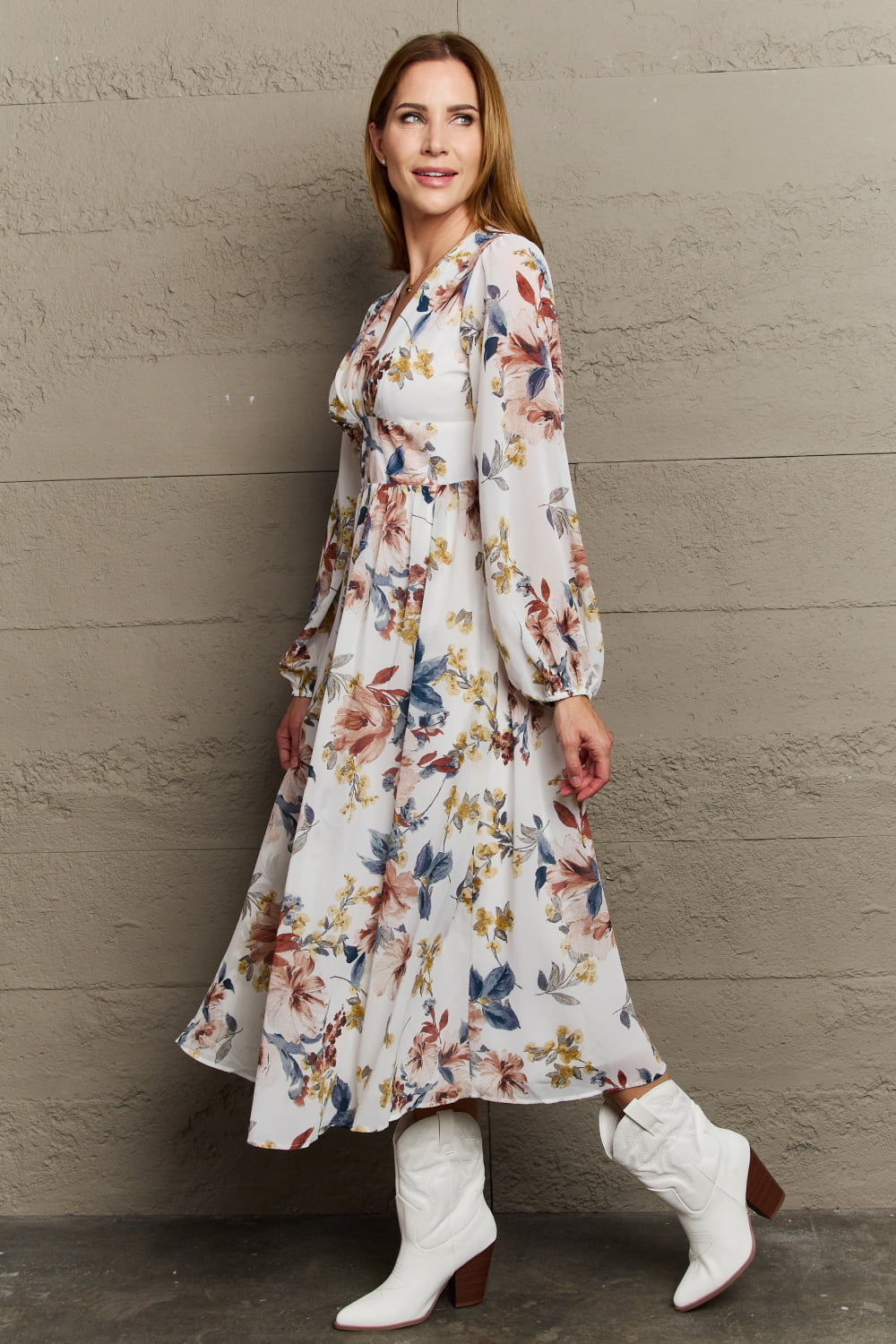 Blooms of Grace: Chiffon Floral Midi Dress with Timeless Elegance