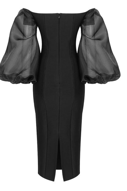 Off-Shoulder Oversized Balloon Sleeve Back Slit Dress - WESTHUNDRED