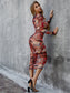Printed Long Sleeve Crewneck Midi Bodycon Dress - WESTHUNDRED