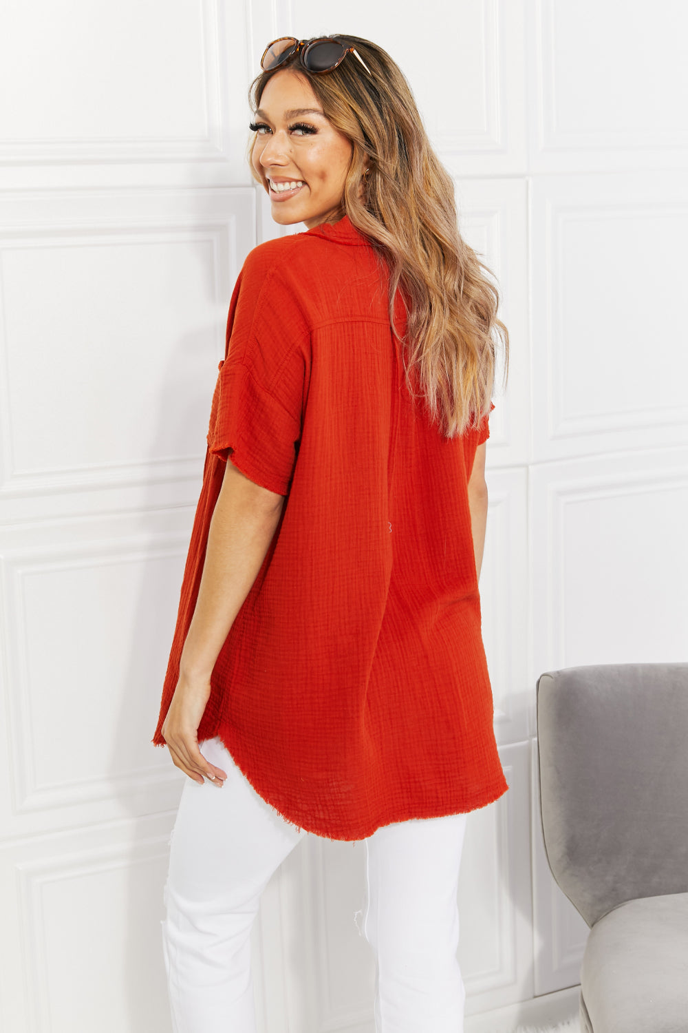 Bold and Vibrant Red-Orange Cotton Buttoned Shirt