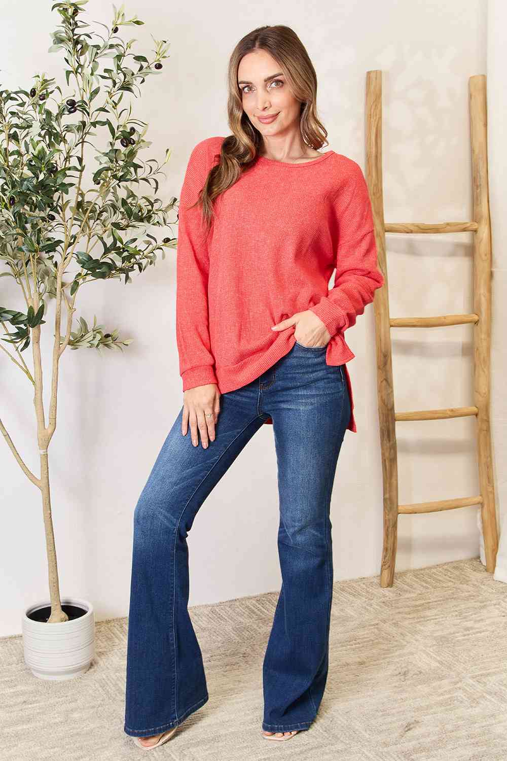 Essential Round Neck Drop Shoulder Slit Sweatshirt