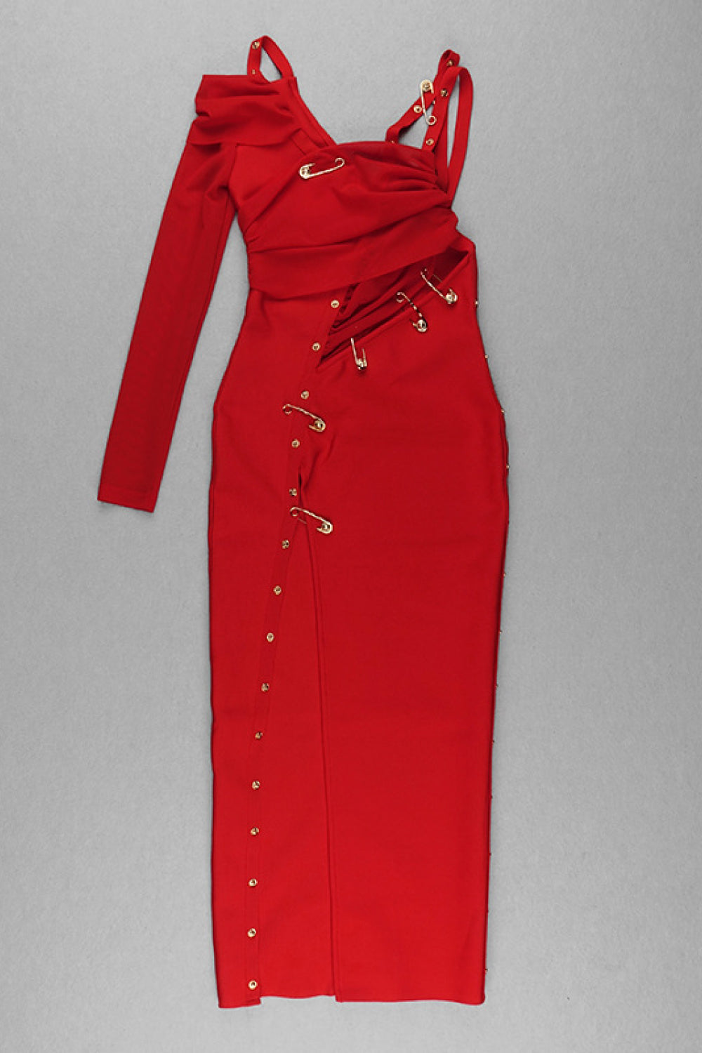 One Sleeve Pin Detail Slit Dress - WESTHUNDRED