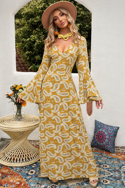 Paisley Print Bell Sleeve V-Neck Maxi Dress - WESTHUNDRED