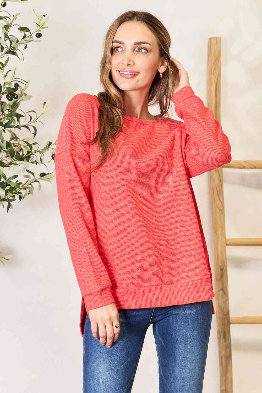 Essential Round Neck Drop Shoulder Slit Sweatshirt