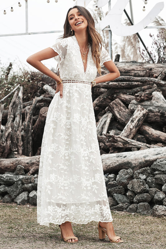 Lace Hollow-out V Neck Chiffon Dress - WESTHUNDRED