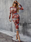 Printed Long Sleeve Crewneck Midi Bodycon Dress - WESTHUNDRED