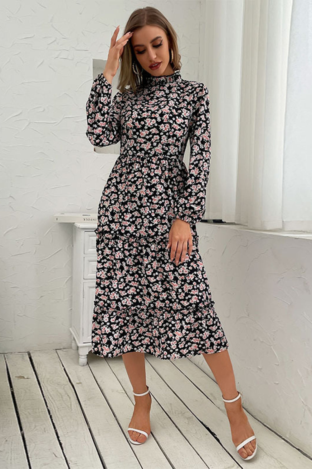 Floral Tiered Frill Trim Midi Dress - WESTHUNDRED