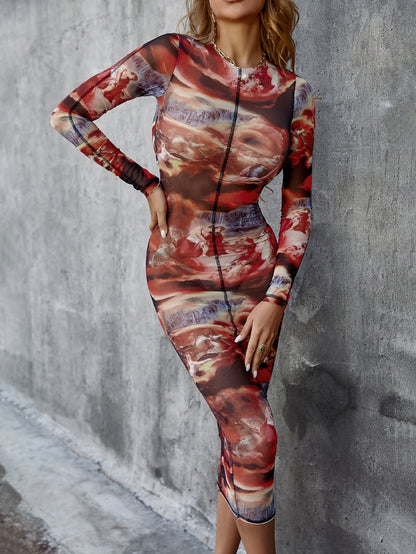 Printed Long Sleeve Crewneck Midi Bodycon Dress - WESTHUNDRED