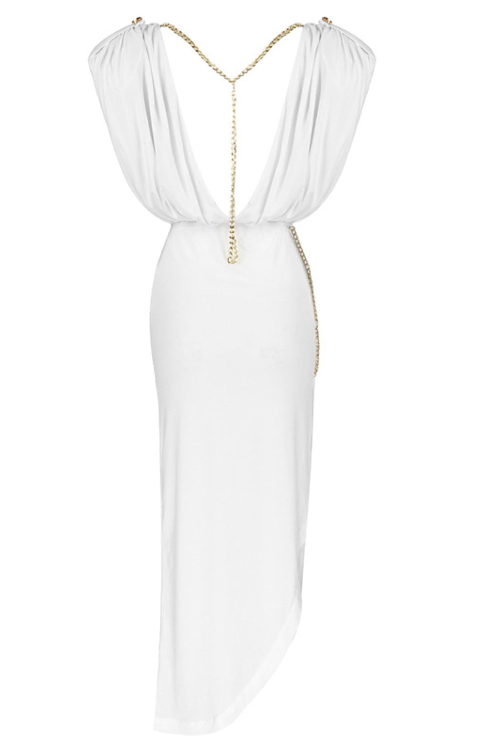 Cap-Sleeve V-Back Chain Detail Asymmetrical Dress - WESTHUNDRED