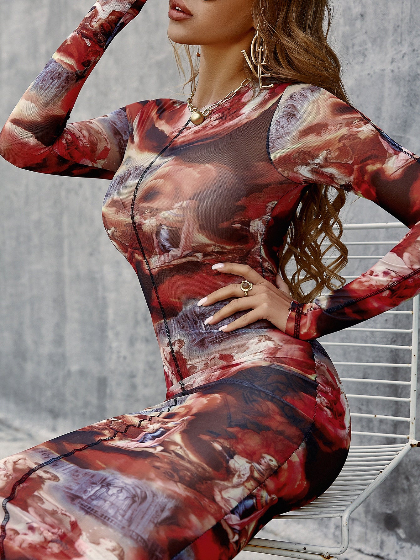 Printed Long Sleeve Crewneck Midi Bodycon Dress - WESTHUNDRED