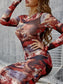 Printed Long Sleeve Crewneck Midi Bodycon Dress - WESTHUNDRED