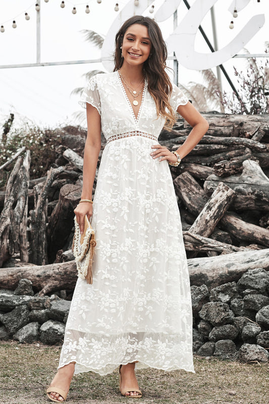 Lace Hollow-out V Neck Chiffon Dress - WESTHUNDRED