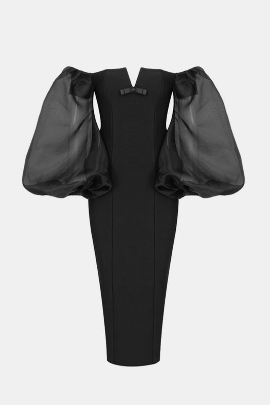 Off-Shoulder Oversized Balloon Sleeve Back Slit Dress - WESTHUNDRED