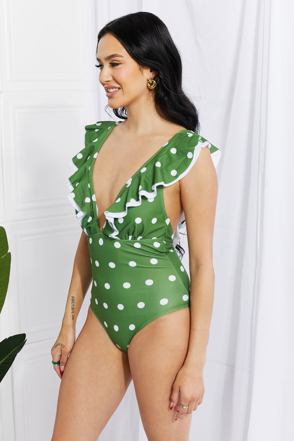 Chic Polka Dot Ruffle Plunge Swimsuit