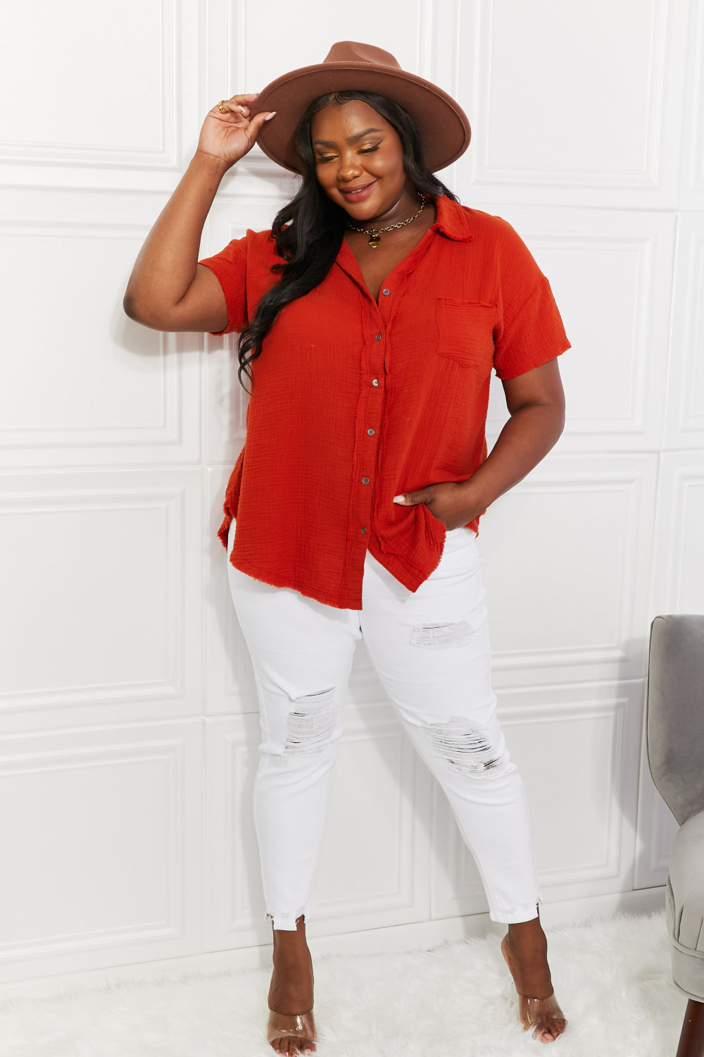 Bold and Vibrant Red-Orange Cotton Buttoned Shirt
