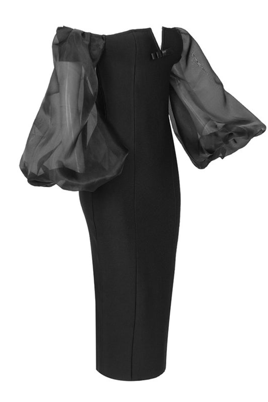 Off-Shoulder Oversized Balloon Sleeve Back Slit Dress - WESTHUNDRED