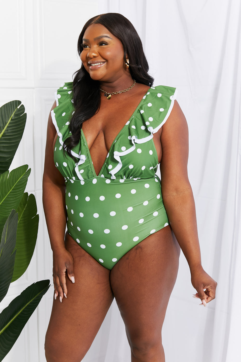 Chic Polka Dot Ruffle Plunge Swimsuit