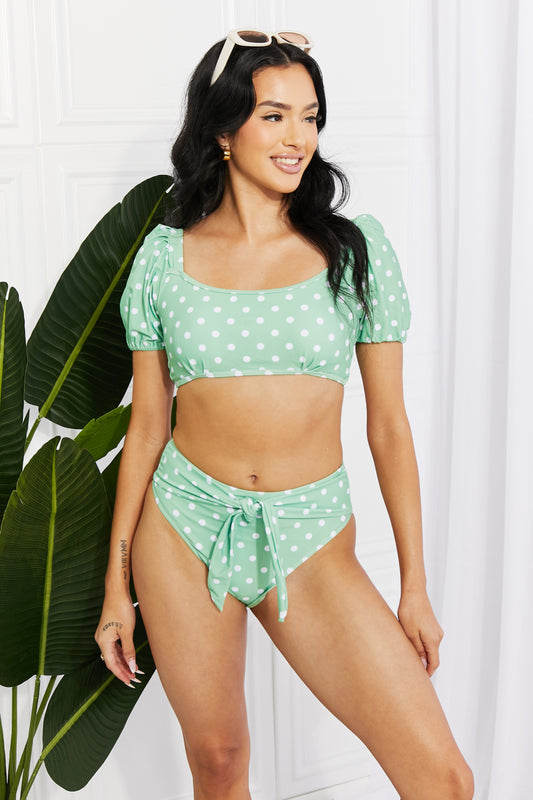 Puff Sleeve Two-Piece Swimsuit with Mid-Rise Bottoms and Waist Tie