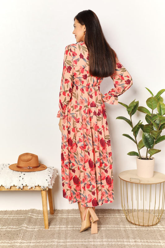 Blossoming Allure: Floral Maxi Dress with Plunging Neckline and Frill Trim