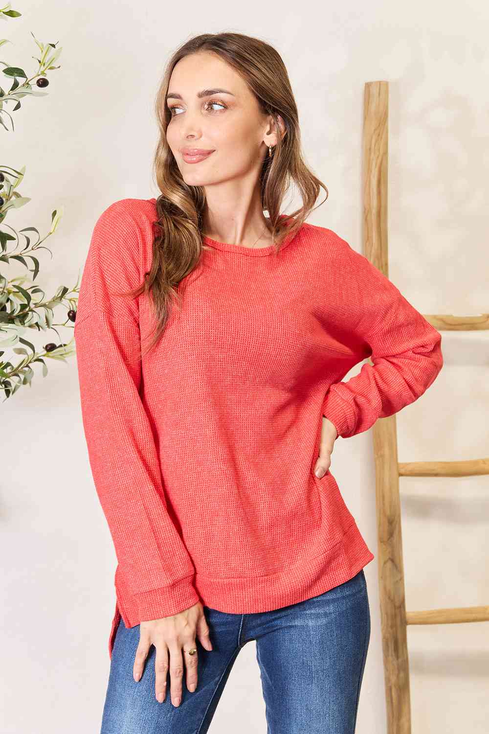 Essential Round Neck Drop Shoulder Slit Sweatshirt