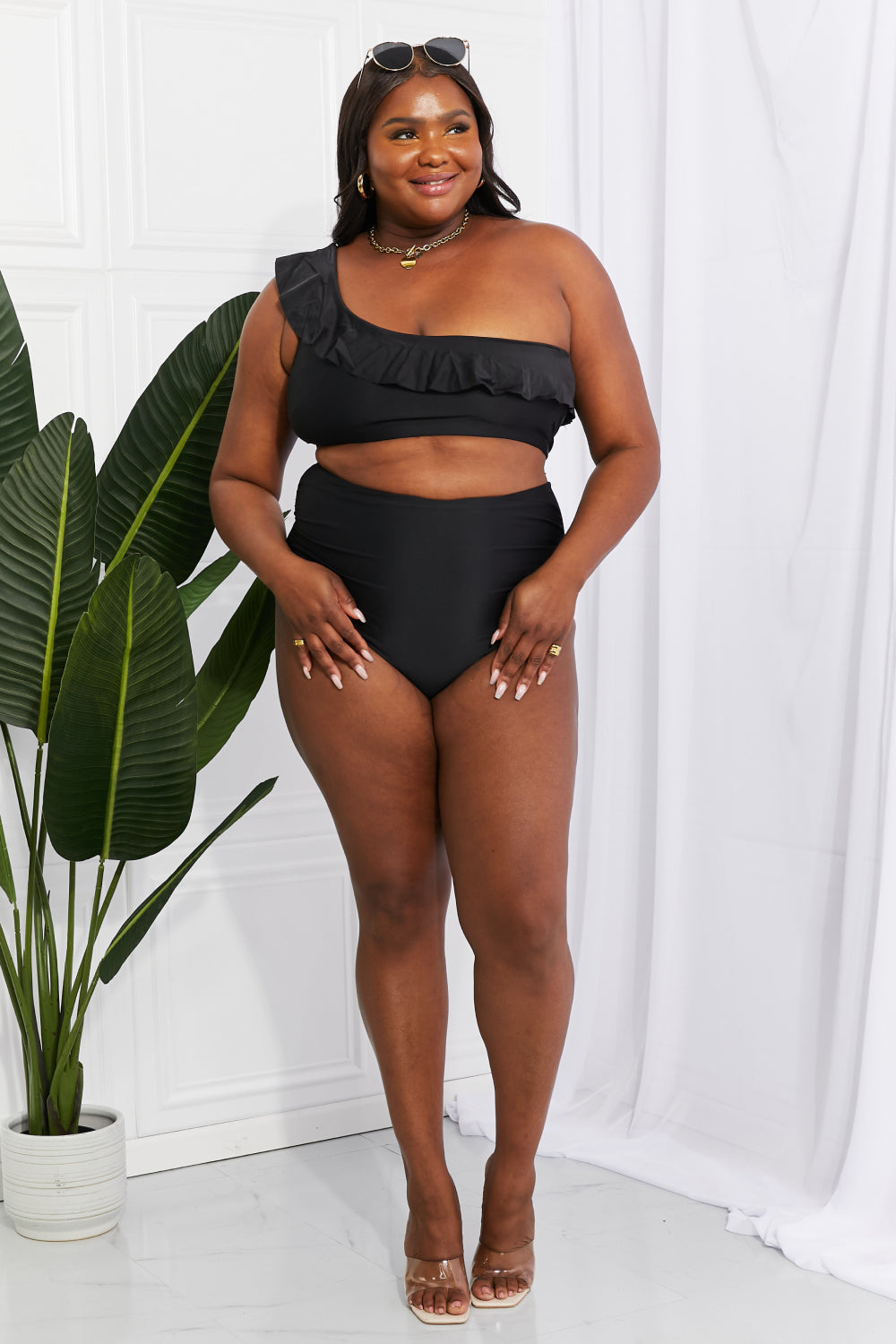Beach-Ready Chic: Our Black Ruffle One-Shoulder Bikini