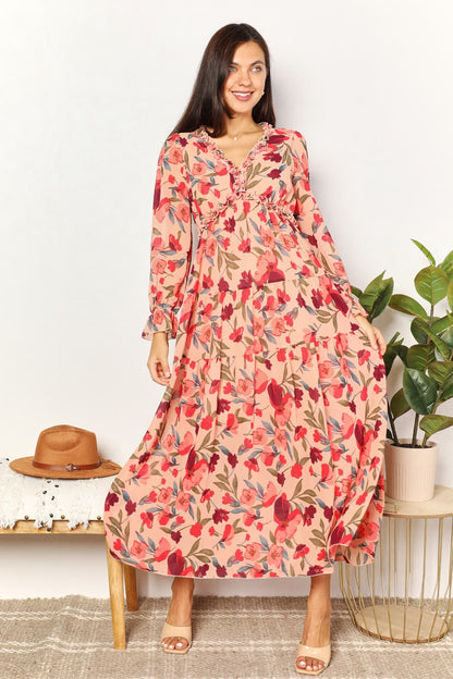 Blossoming Allure: Floral Maxi Dress with Plunging Neckline and Frill Trim