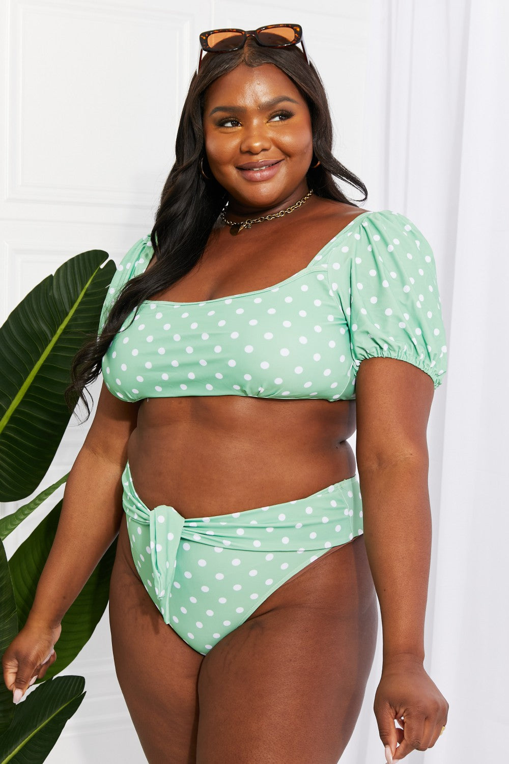 Puff Sleeve Two-Piece Swimsuit with Mid-Rise Bottoms and Waist Tie